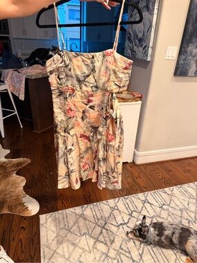 Guess Beige Floral Tie-Waist Mini Dress with Pink Accents